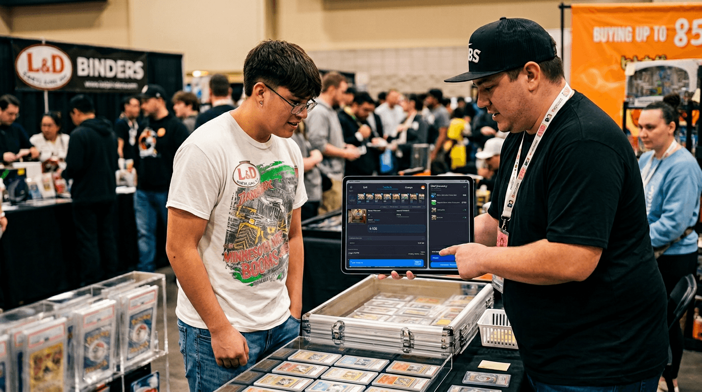 Pokemon vendor using PokeSwift at a trade show